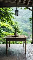 Canvas Print - Rustic Farmhouse Table on Porch Overlooking Lush Garden for Displaying Artisanal Goods