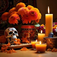 Poster - Day of the Dead Altar with Candles and Sugar Skull