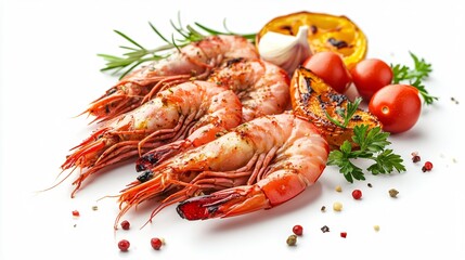 Carabineros prawns with a side of roasted vegetables, isolated on a bright white background with decorative herbs and garlic cloves