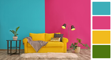 Poster - Stylish living room with comfortable sofa near colorful wall. Interior design and matching color palette