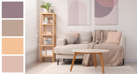 Aufkleber - Stylish living room with comfortable sofa near white wall. Interior design and matching color palette