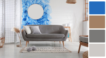 Aufkleber - Stylish living room with comfortable sofa near decorated wall. Interior design and matching color palette