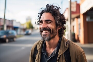 Portrait of a handsome man with curly hair smiling in urban background