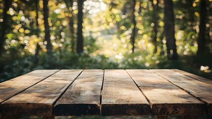 Wall Mural - Rustic Wooden Table in Serene Forest Setting for Organic Product Display