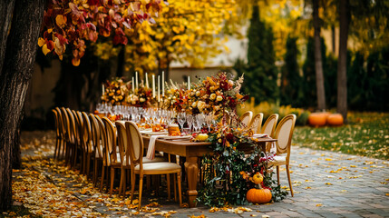 Autumn wedding, warm color palette with oranges, reds, and yellows, seasonal decorations like leaves and pumpkins, elegant table settings, cozy atmosphere, outdoor setting with falling leaves.