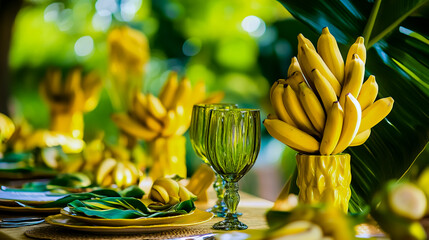 Sticker - Banana theme wedding, vibrant yellow and green color palette, banana decorations and center pieces.