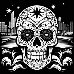 Wall Mural - Sugar Skull with City Skyline