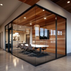 an office with glass walls and wood paneling