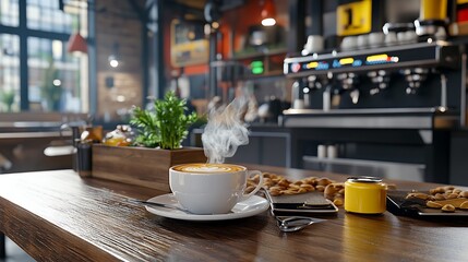 Steaming Latte Coffee in Cafe with Coffee Machine  Nuts and Phone on Wooden Table