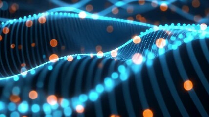 Aufkleber - Glowing particles dance along flowing digital waves, creating an enchanting visual display in vibrant blue and orange hues against a dark backdrop, evoking a sense of depth.