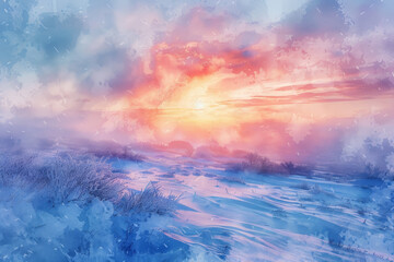 A painting of a snowy landscape with a bright orange sun in the sky