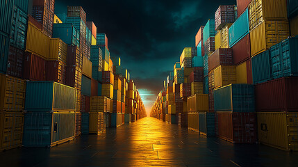 Colorful Shipping Containers Create a Vibrant Pathway at a Busy Cargo Port During Sunset in an Industrial Setting