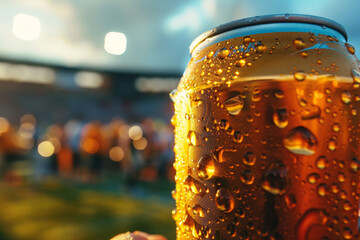 A can of beer is sitting on a table with condensation on the outside