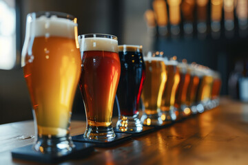 A row of beer glasses on a table, with some of them being filled