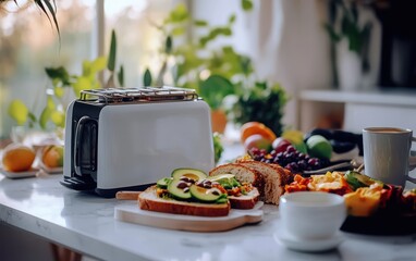 A modern toaster with sleek design positioned on a white marble table, surrounded by a delicious breakfast spread including avocado toast, fresh fruits, and a cup of coffee