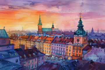 Wall Mural - A painting of a cityscape with a sunset in the background