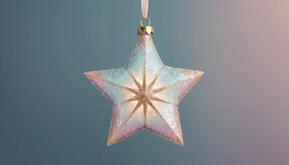 Glittering star ornament in pastel colors hanging against a soft gradient background, star decoration background