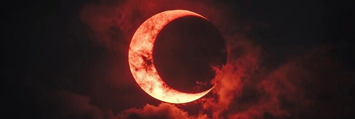  A solar eclipse featuring clouds, with a red ring of fire encircling the moon's path in the sky