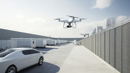 Drone Flying Over Industrial Area with Vehicles