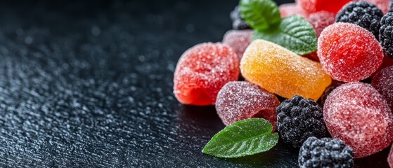 Wall Mural -  A black table holds a stack of gummy bears, adjacent is a mound of green leafy leaves