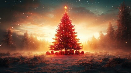 A magical Christmas tree glowing in a snowy forest at twilight