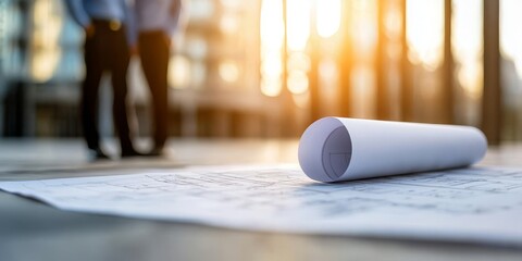 A rolled blueprint lies on the ground, with two figures blurred in the background, bathed in warm sunlight during a late afternoon.