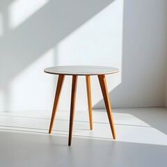 Sticker - Minimalist Mid Century Modern Round White Table with Wooden Legs in Bright Studio Setting for Product Concept Display