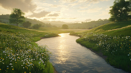 Wall Mural - A tranquil river meandering through rolling hills, inviting exploration and relaxation.