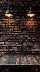 Poster - Dark Wooden Table with Industrial Lighting in Rustic Brick Wall Setting Ready to Showcase Vintage or Handcrafted Products