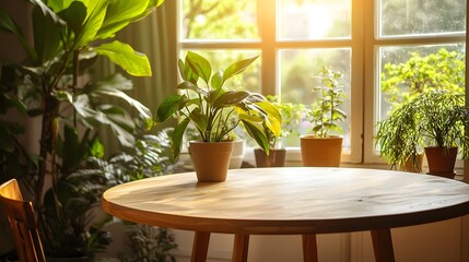 Poster - Cozy Sunlit Room with Wooden Round Table and Potted Plants for Product Presentation