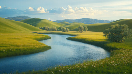 Wall Mural - A tranquil river meandering through rolling hills, inviting exploration and relaxation.