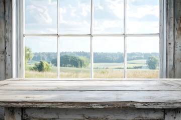 Poster - Rustic Distressed Wooden Table in Front of Countryside Landscape Window Ideal for Product Display