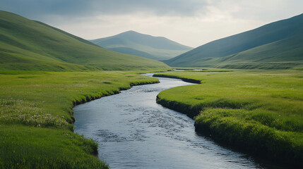 Wall Mural - A tranquil river meandering through rolling hills, inviting exploration and relaxation.