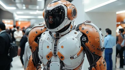 Fototapete - This humanoid robot stands prominently among attendees at a technology conference. Exoskeleton