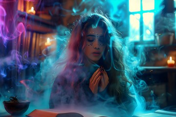 Witch conjuring colourful smoke from cauldron in magical library, sorceress practicing witchcraft with spell books and potions, spooky Halloween setting