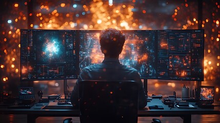 A man sits at a computer desk in a dimly lit room, looking at a screen with glowing lights. He is working on a project that requires concentration and creativity.