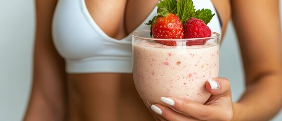 Wall Mural -  A tight shot of an individual's hands gripping a glass containing a smoothed-out beverage, garnished with two strawberries atop