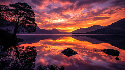 Wall Mural - A tranquil lake during sunset, with vibrant orange and purple hues reflected in the water.