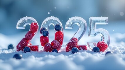 Transparent numbers 2025 made of ice on snow with frozen berries inside