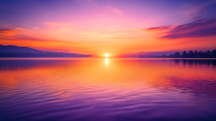 Wall Mural - A tranquil lake during sunset, with vibrant orange and purple hues reflected in the water.