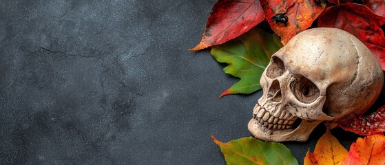 Wall Mural -  A human skull rests atop a mound of leaves - red and green ones scatter the ground beside it