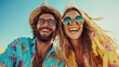 © Maximages  - A cheerful couple enjoys a sunny beach day, wearing matching floral outfits. Their bright smiles and playful energy radiate travel fun and summer spice.