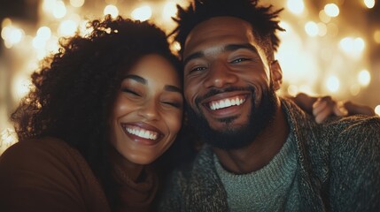 Amidst twinkling lights, a couple exudes happiness and affection, sharing a joyful moment in a warm atmosphere that captures the magic of togetherness and celebration.