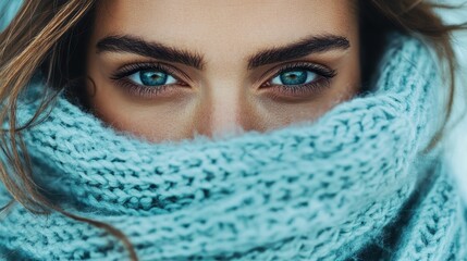 A detailed close-up of a person's eyes wrapped securely in a thick, blue knitted scarf, emphasizing the warmth and protection it offers from the winter chill.