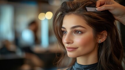 Hairdresser combing hair of young woman at salon. Concept of beauty, hair care, styling, and fashion