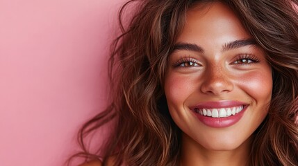 A cheerful woman with wavy brown hair and a radiant smile is captured against a soft pink background. Her expression exudes joy and vivacity.