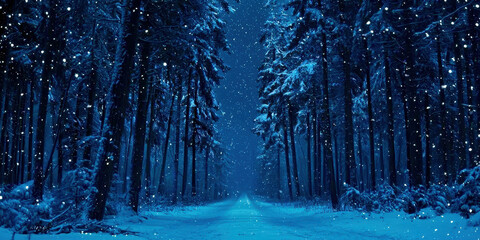 Wall Mural - A snowy forest with a blue sky in the background