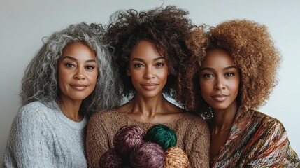 Three women exuding elegance pose with colorful knit yarns, embodying creativity, warmth, and craftsmanship, which highlight the artistry captured in this portrait.