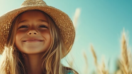 A young girl smiles warmly, captured in a field with a clear blue sky, wearing a straw hat. Her happiness is a perfect reflection of natural beauty and innocence.