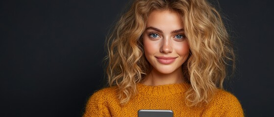 Wall Mural -  A tight shot of a person holding a cell phone against a black backdrop Woman's face visible